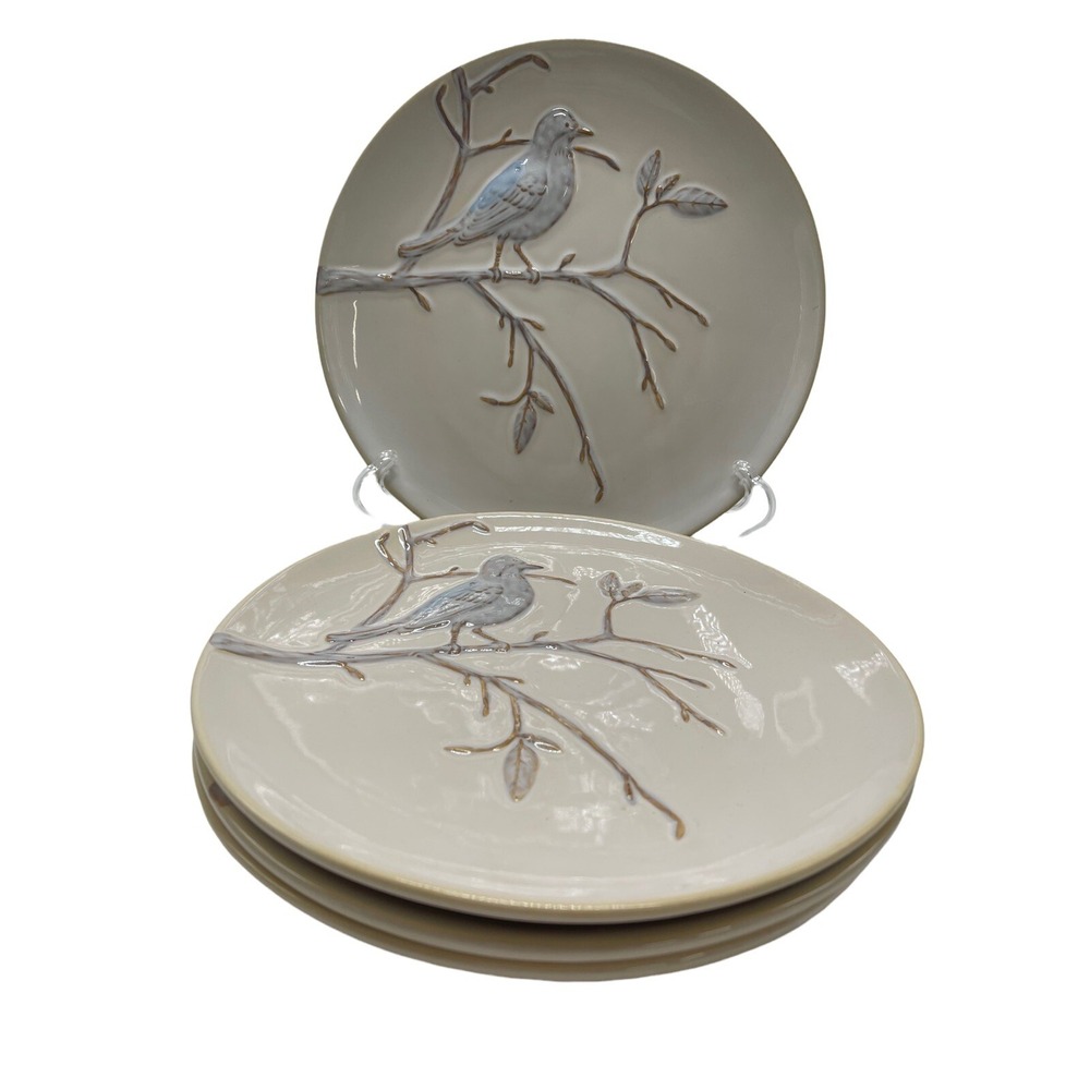 Set of 4 Pottery Barn Aviary Bird Branch 9" Decorative Dinner Plate Embossed